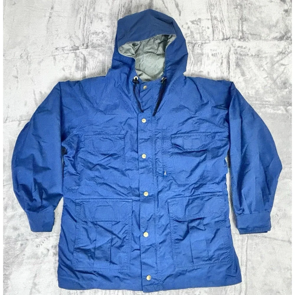 Vintage REI Mens Hooded Nylon Jacket Blue Full‎ Zip Snap Front Outdoor Coat L